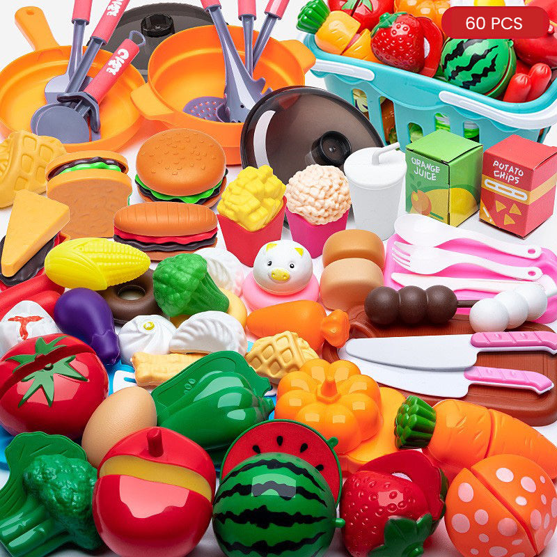 Realistic 60-Piece Pretend Cutting Food Toy Set with Basket for Kids Playtime