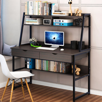 Spacious Office Computer Desk Workstation with Shelves and Drawers - Black