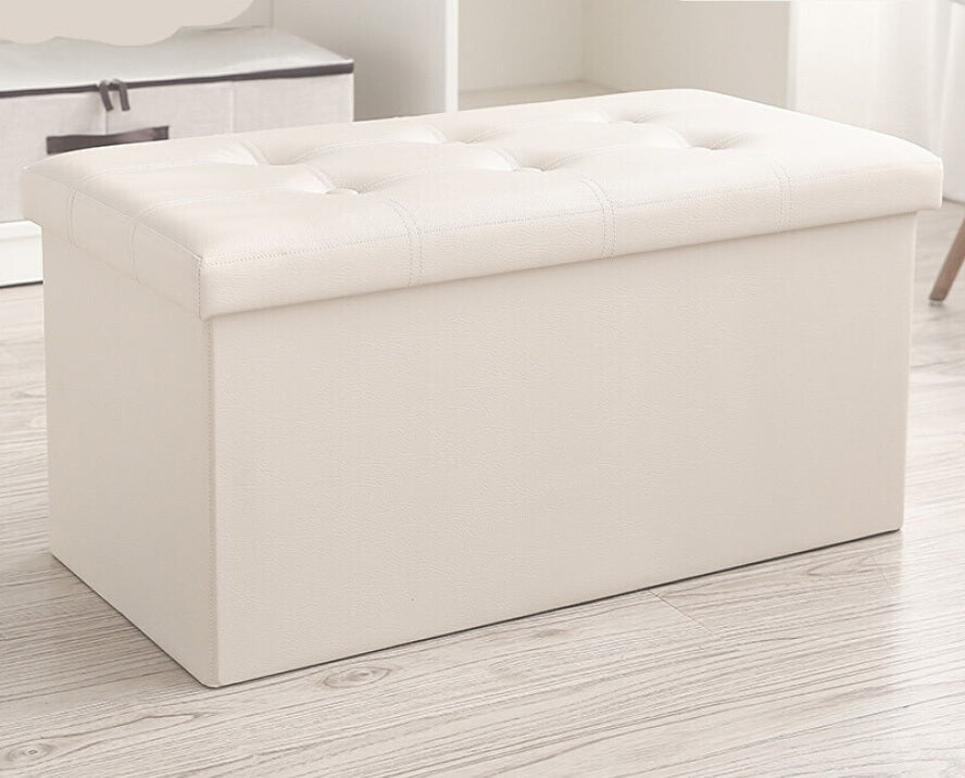 XL Rectangle Foldable Storage Ottoman PU Leather White