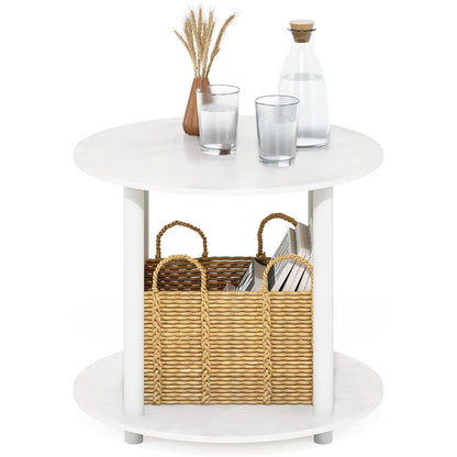 Minimalist Wood & Metal White Round Coffee Table with Storage Shelf