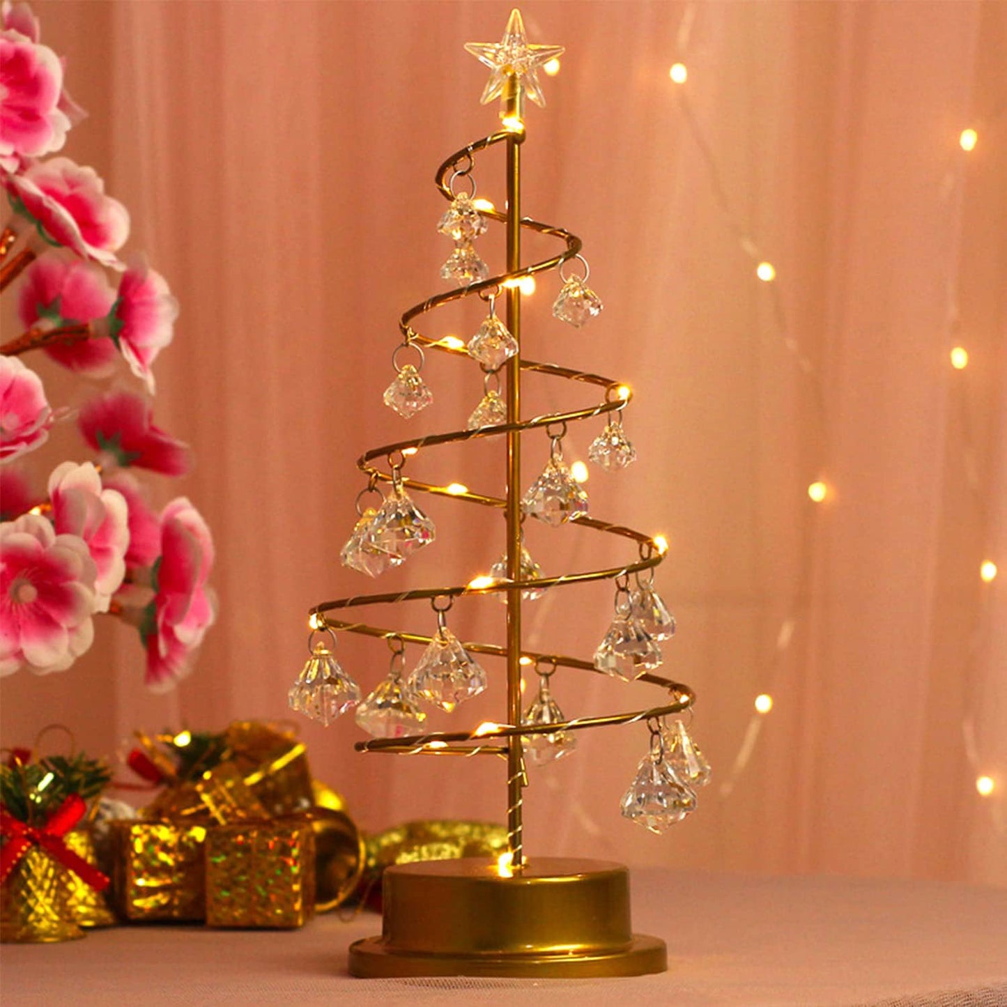 Gold Spiral LED Crystal Christmas Tree Lamp Festive Decorative Light