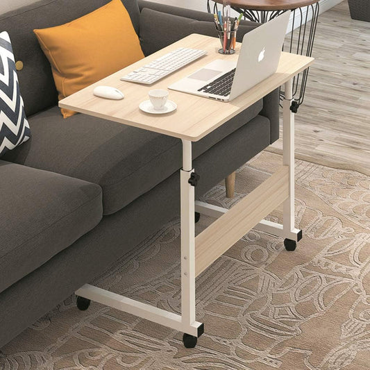 Adjustable Portable Sofa Bed Side Table Laptop Desk with Wheels White Oak