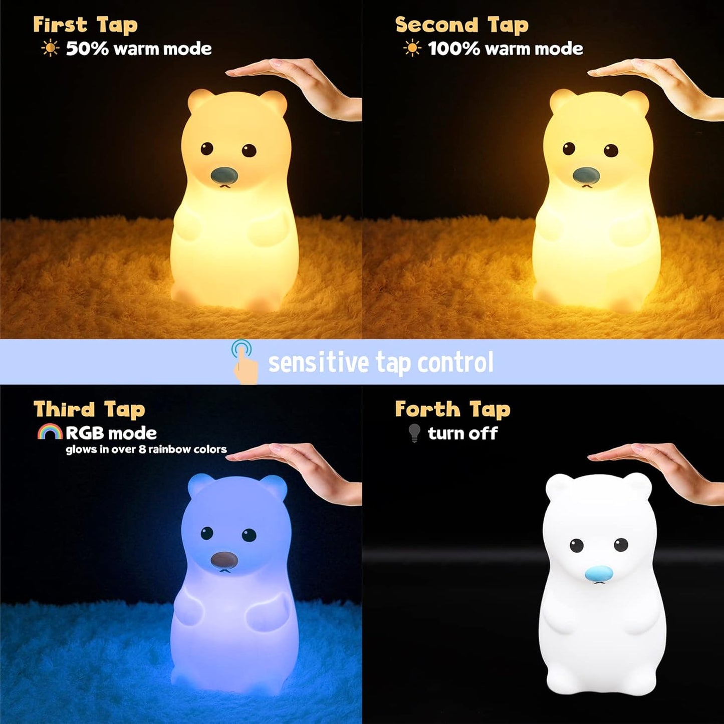 Adorable Silicone Bear Night Light USB Rechargeable Lamp