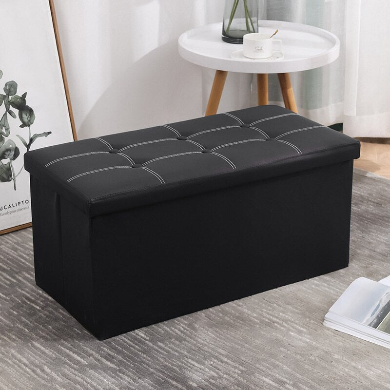 XL Rectangle Foldable Storage Ottoman PU Leather Black