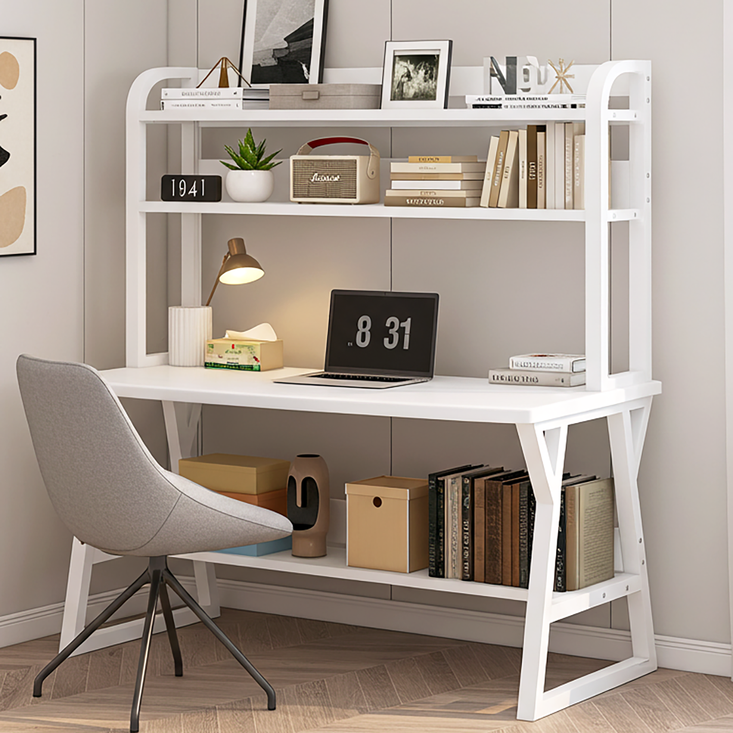 Large Industrial Office Desk Computer Table with Bookshelf White