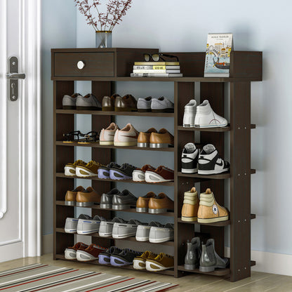 7 Tier Shoe Rack Storage Organizer with Drawer Dark Walnut