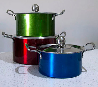 3-Piece Stainless Steel Cookware Set Colorful Metallic Finish