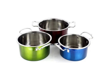 3-Piece Stainless Steel Cookware Set Colorful Metallic Finish