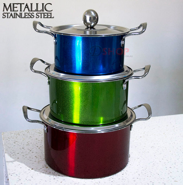 3-Piece Stainless Steel Cookware Set Colorful Metallic Finish