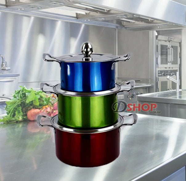 3-Piece Stainless Steel Cookware Set Colorful Metallic Finish