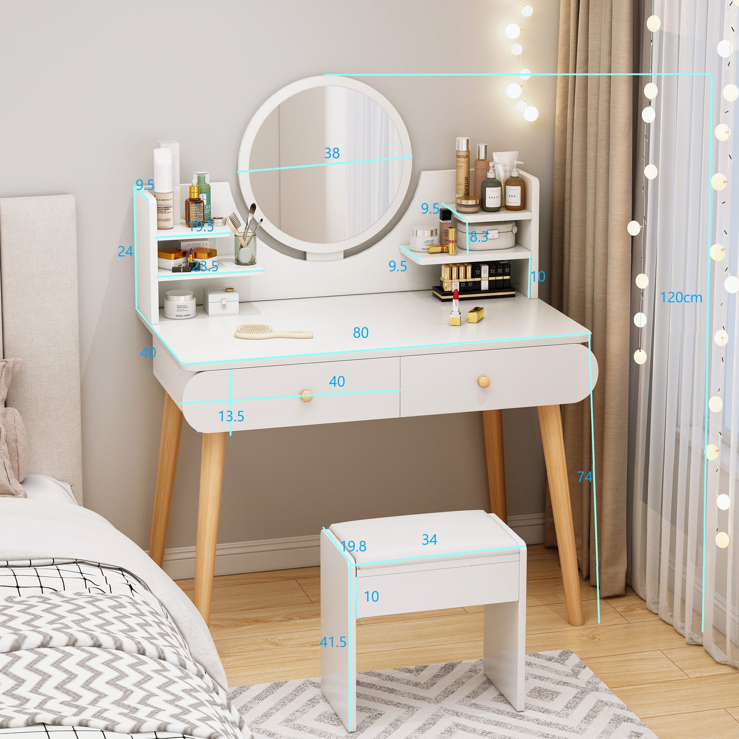 Elegant Vanity Table with Mirror Stool and Storage Drawers Set