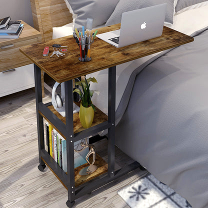 Large Rustic Sofa Bed Side Table with Shelves and Wheels for Laptop