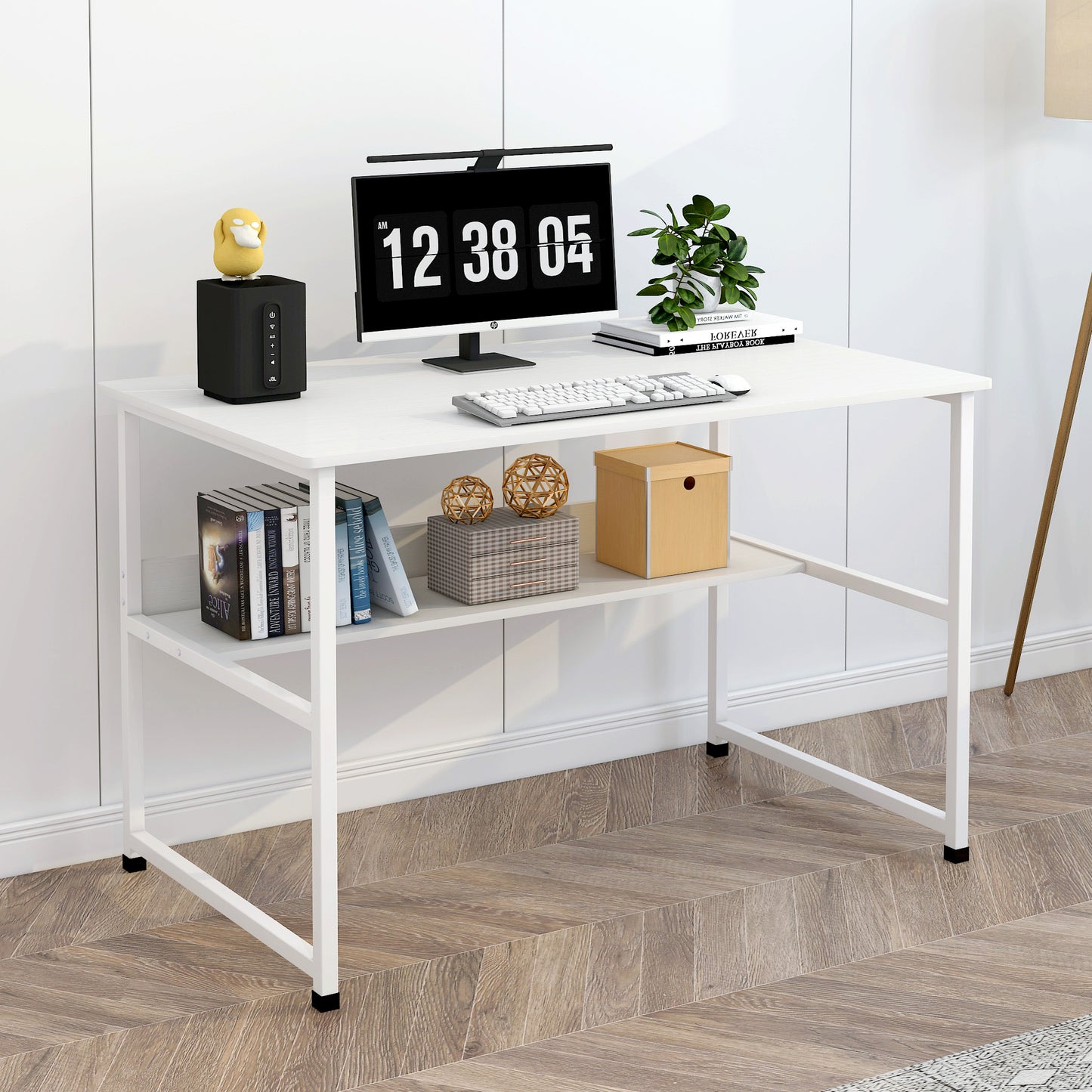 Modern Wood Metal Computer Desk with Shelf White