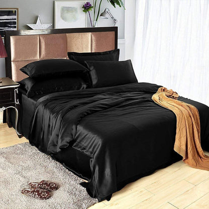 King Size Silky Satin Bed Sheet Set Luxurious Soft Bedding Black