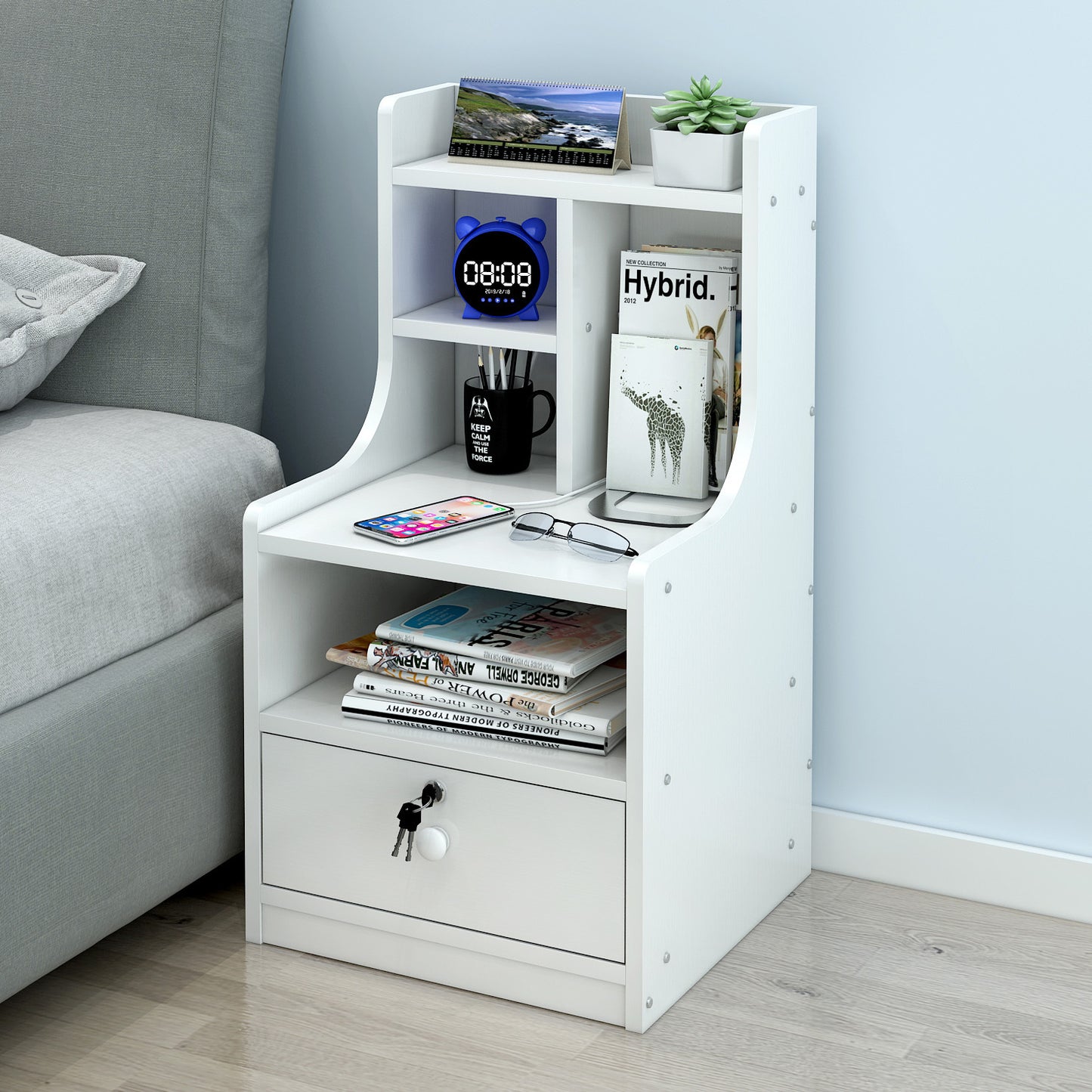 Tall Bedside Table with Drawer and Shelf White