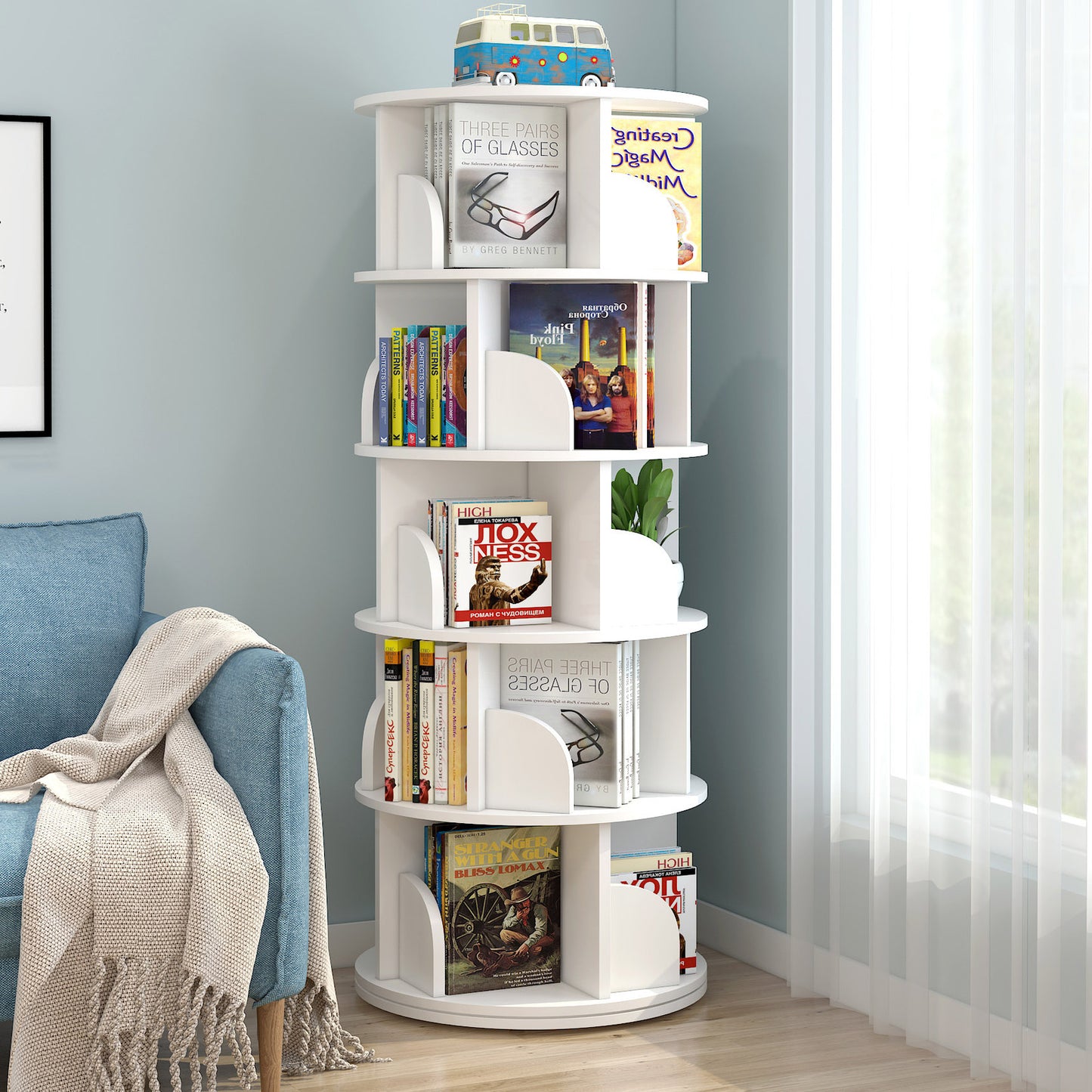 5 Tier Rotating Display Shelf Bookcase Organizer White