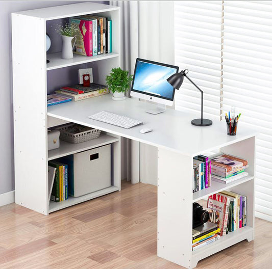 Modern Workstation Computer Desk with 6 Storage Shelves Bookcase White