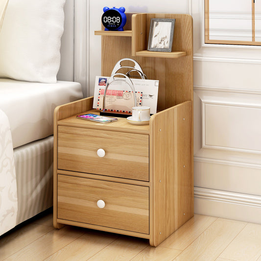 Tall Oak Bedside Table with Chest of Drawers and Shelf