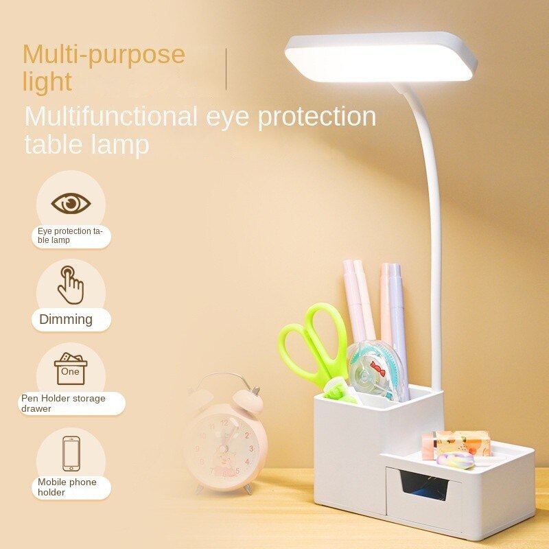 Eye-Protecting LED Night Light Desk Lamp with Pen Holder and Drawer White