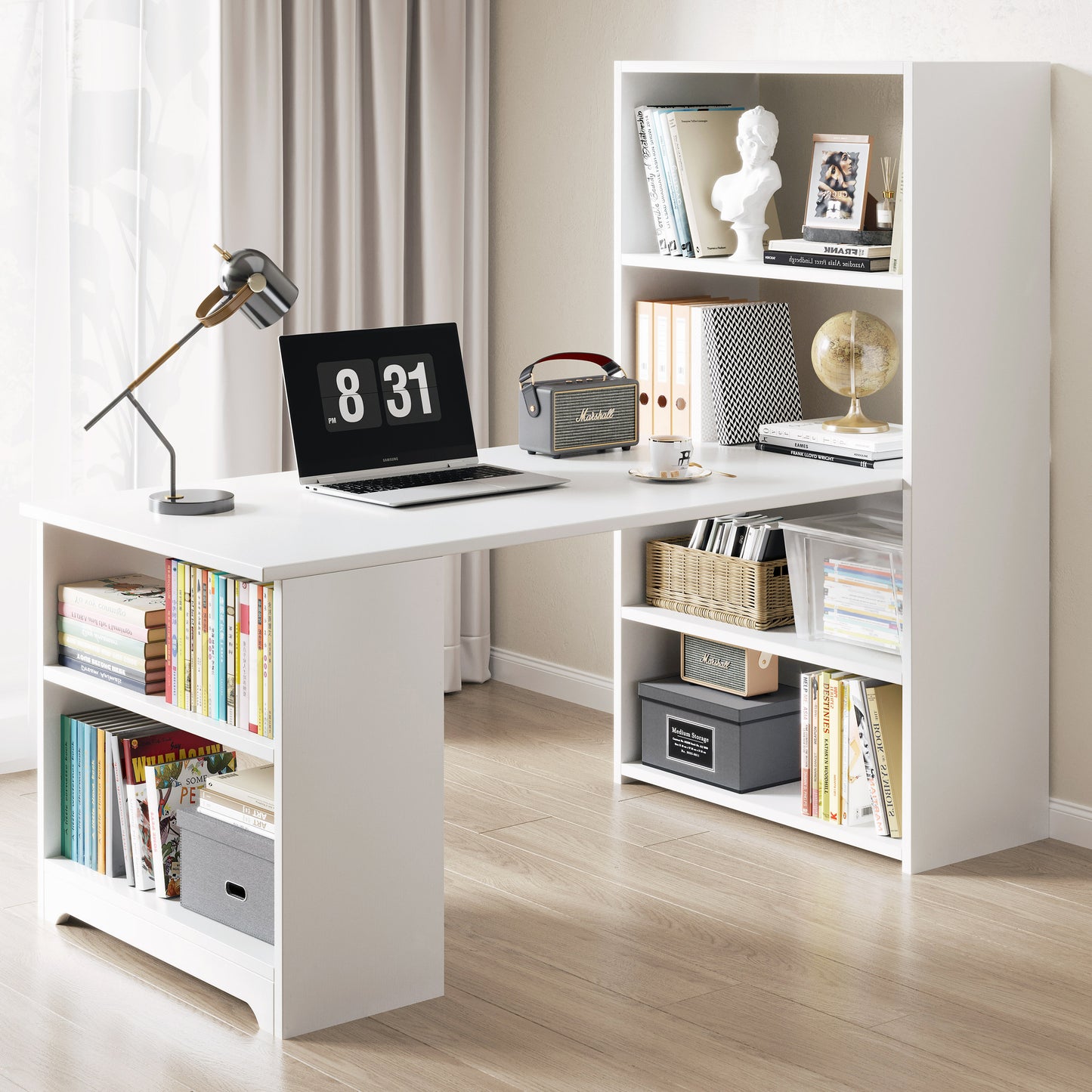 Modern Workstation Computer Desk with 6 Storage Shelves Bookcase White
