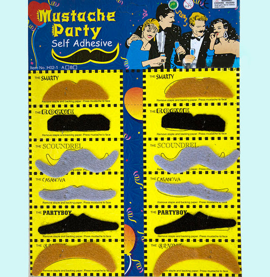 12 Pack Fake Moustache Set for Parties and Costumes Black Ginger Grey