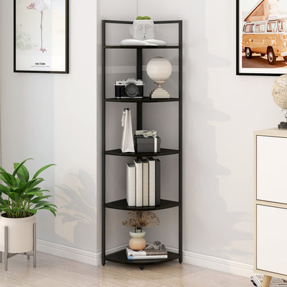 5 Tier Wood and Steel Corner Shelf Organizer Unit Black