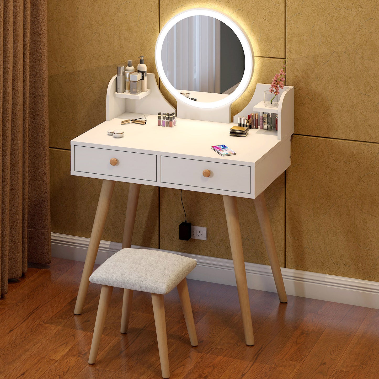 Princess Vanity Table with LED Mirror Stool and Storage Drawers Set