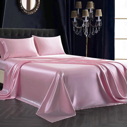 King Size Silky Satin Bed Sheet Set 4-Piece Soft and Smooth Pink