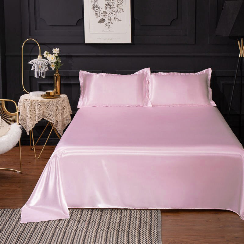 King Size Silky Satin Bed Sheet Set 4-Piece Soft and Smooth Pink