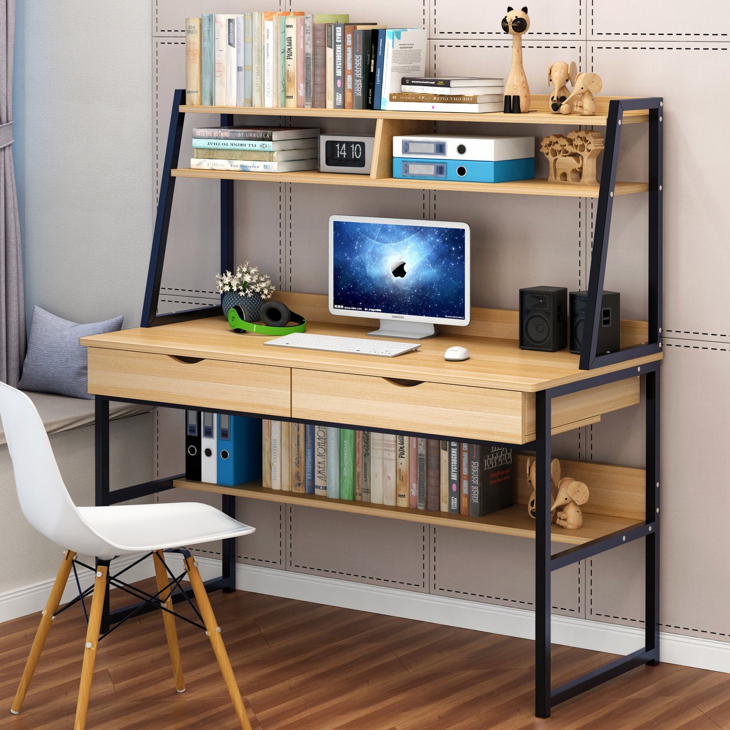 Spacious Office Computer Desk Workstation with Shelves and Drawers - Oak