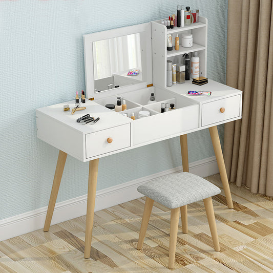 Elegant Vanity Table with Mirror Stool and Storage Shelves Set White