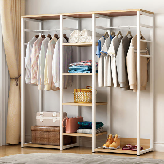 Spacious Wardrobe with Shelves and Clothes Hanging Racks White Oak