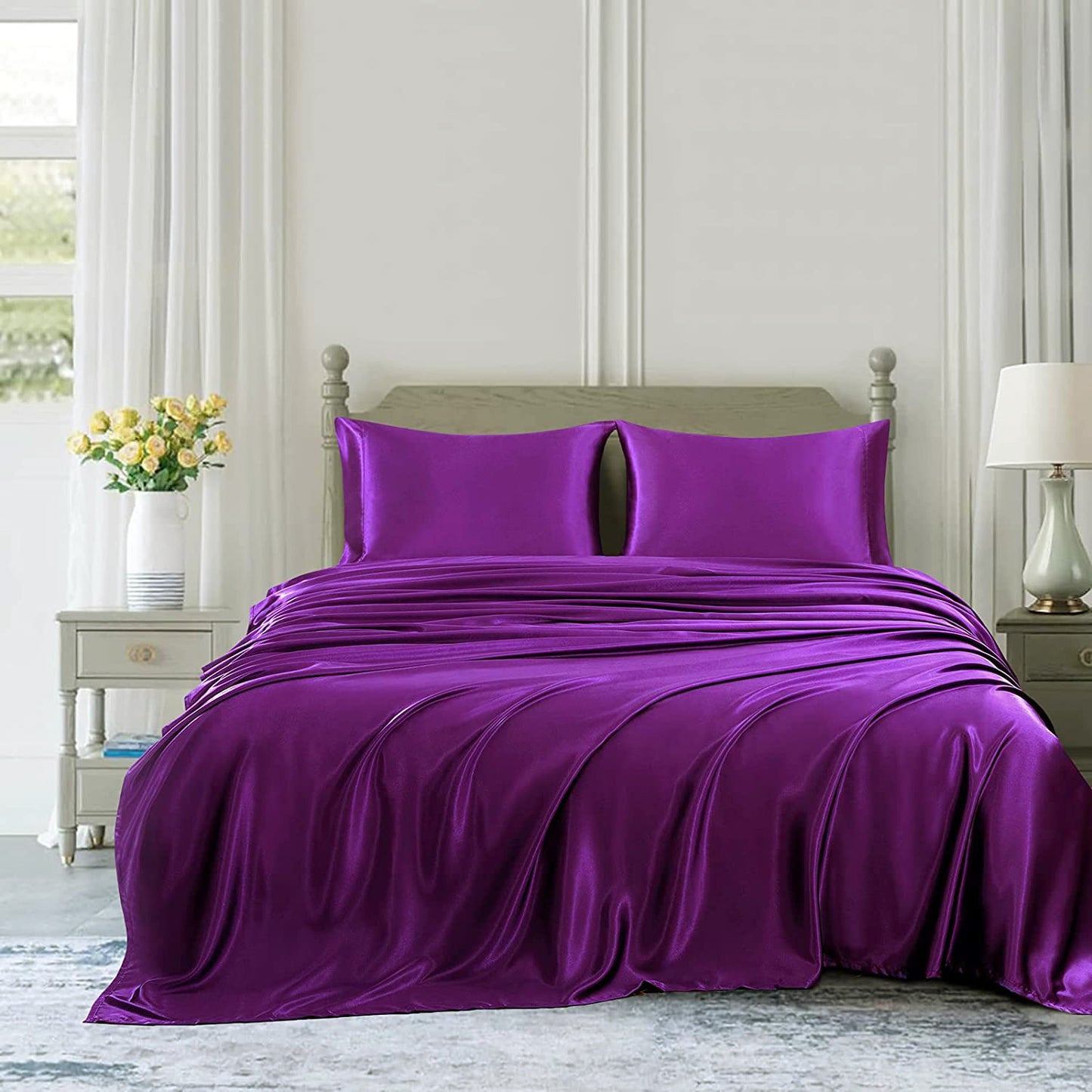 Queen Silky Satin Bed Sheets Set Soft and Smooth Purple