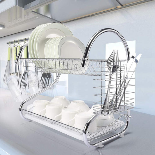 2-Tier Steel Dish Drying Rack Kitchen Organizer Stainless Steel