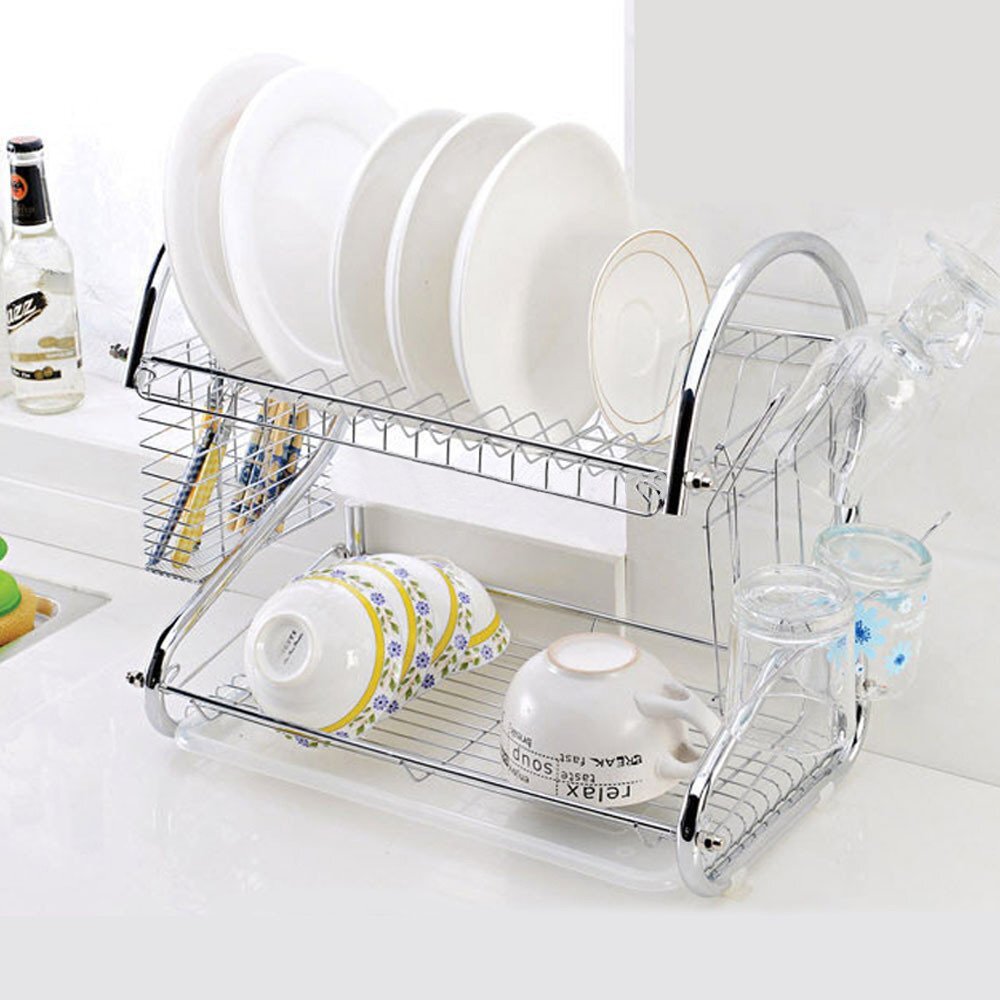 2-Tier Steel Dish Drying Rack Kitchen Organizer Stainless Steel