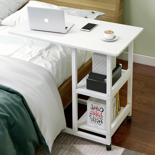 Large Sofa Bed Side Table with Shelves and Wheels White