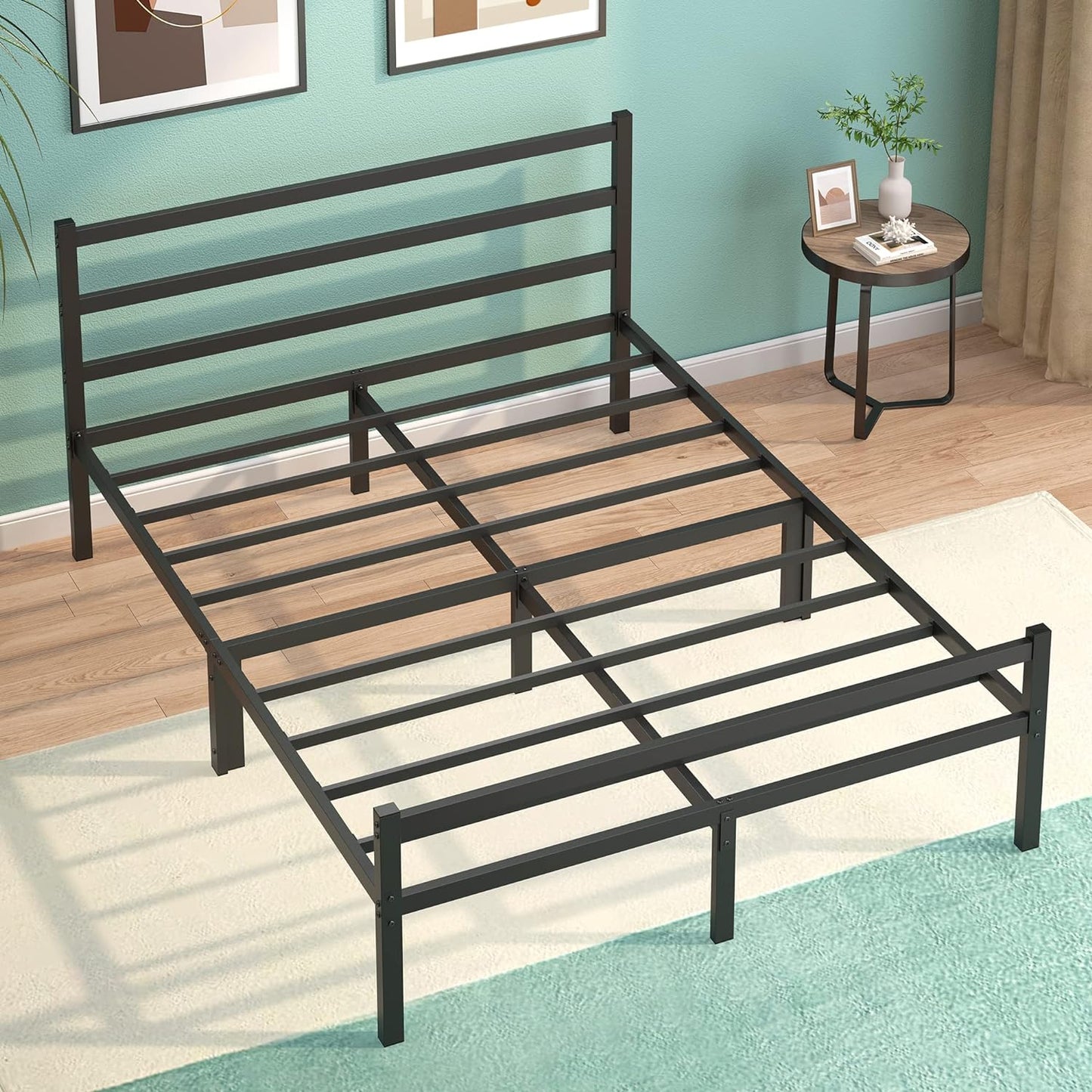 Queen Size Heavy Duty Metal Platform Bed Frame Black Steel