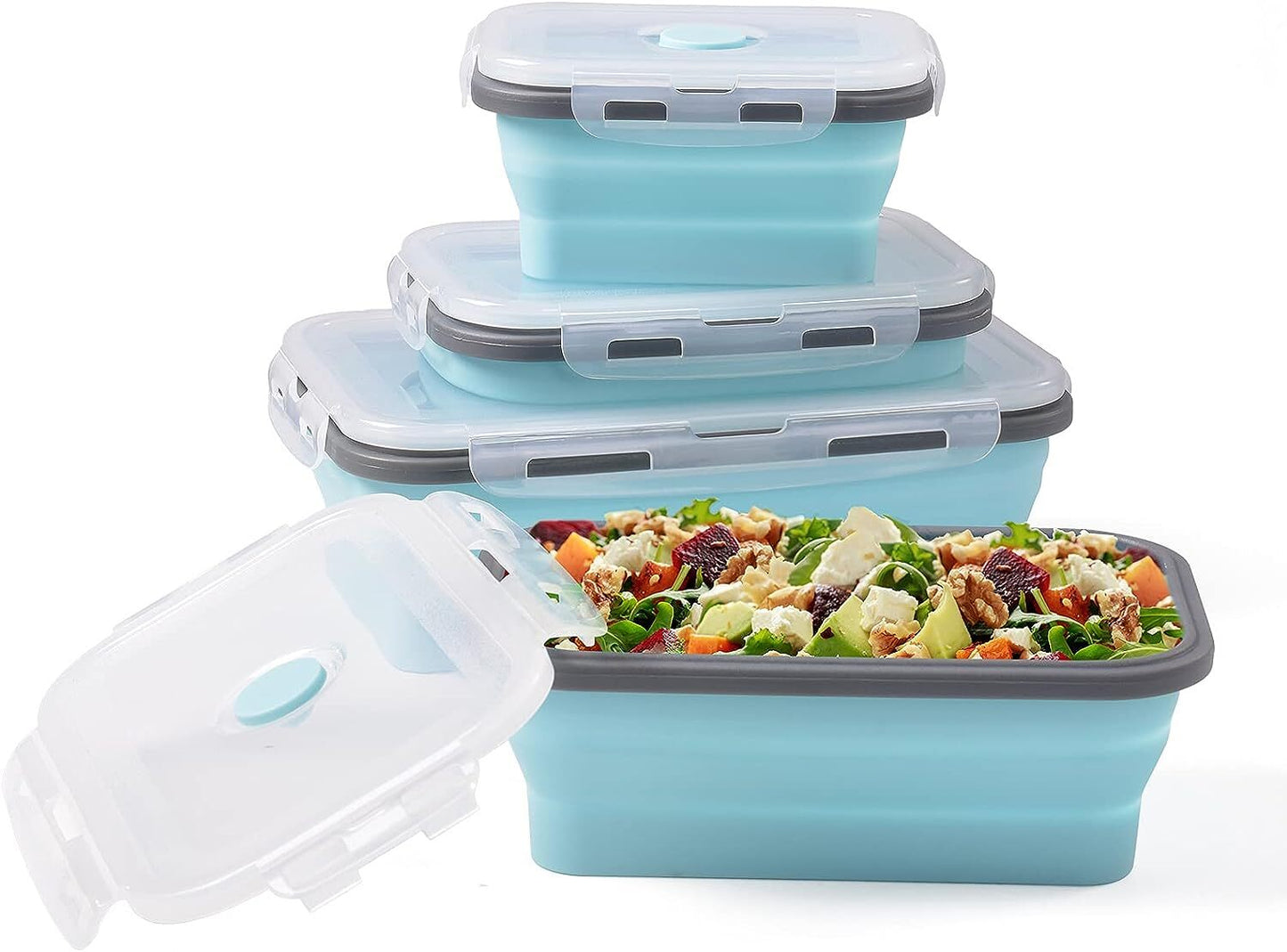 Pack of 4 Collapsible Silicone Food Storage Containers with Airtight Lid Blue