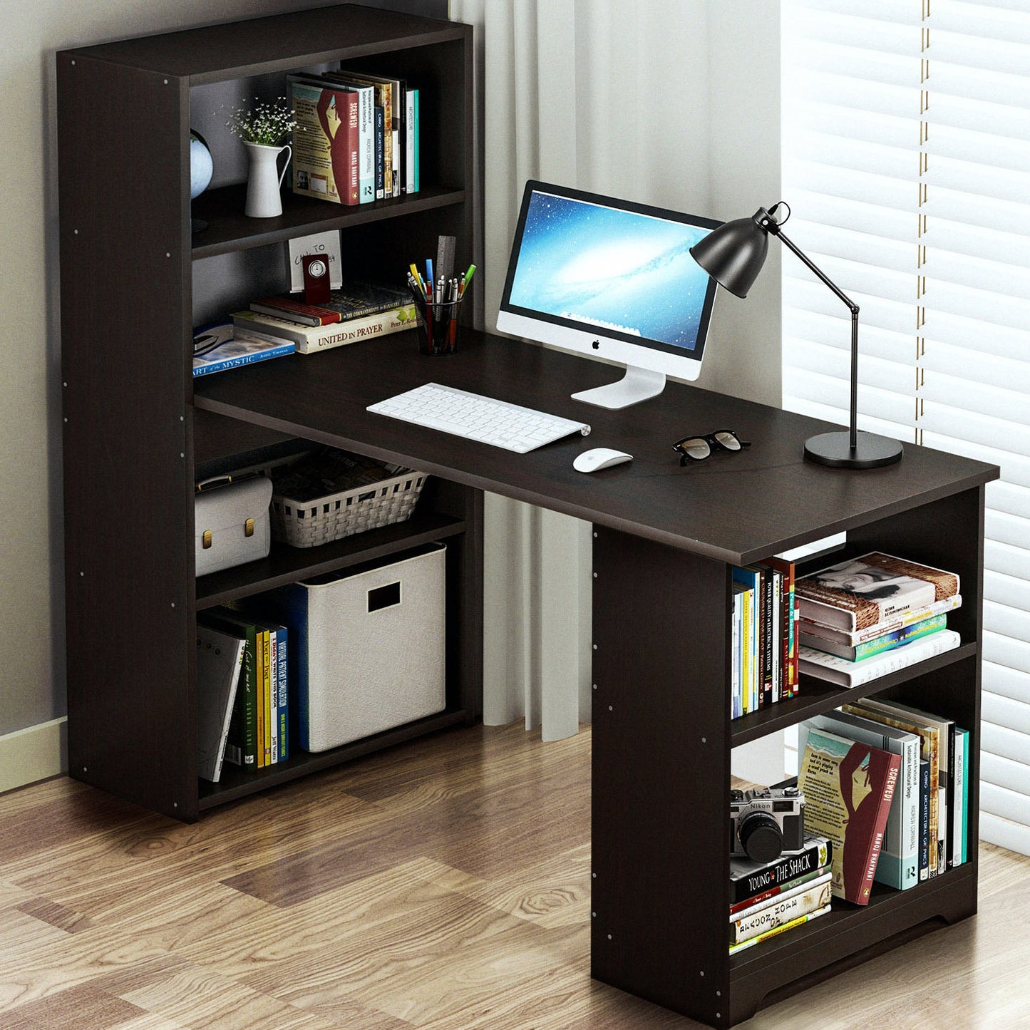 Modern Workstation Computer Desk with 6 Storage Shelves Bookcase Black Wood