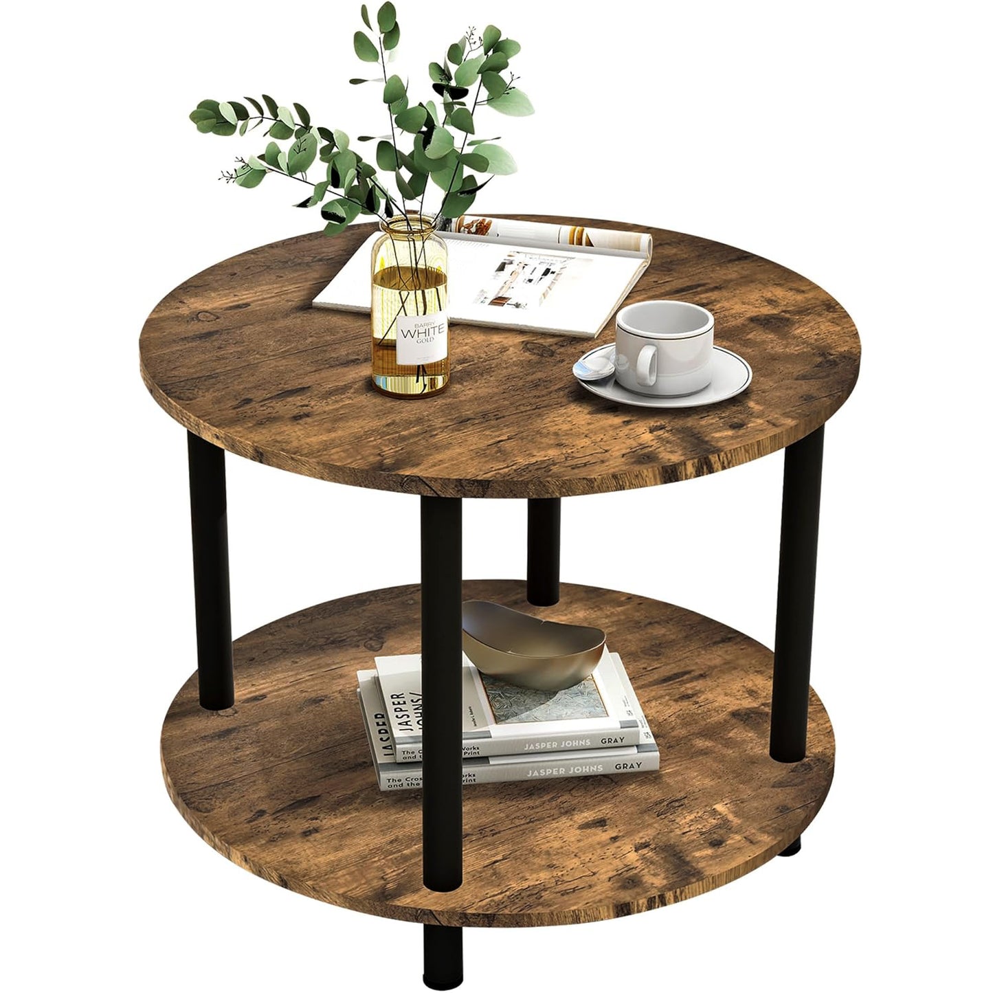 Rustic Wood & Metal Round Coffee Table with Storage Shelf Wood & Metal