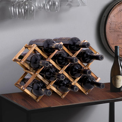 10 Bottle Wooden Wine Rack Folding Holder Bar Display Shelf Organizer