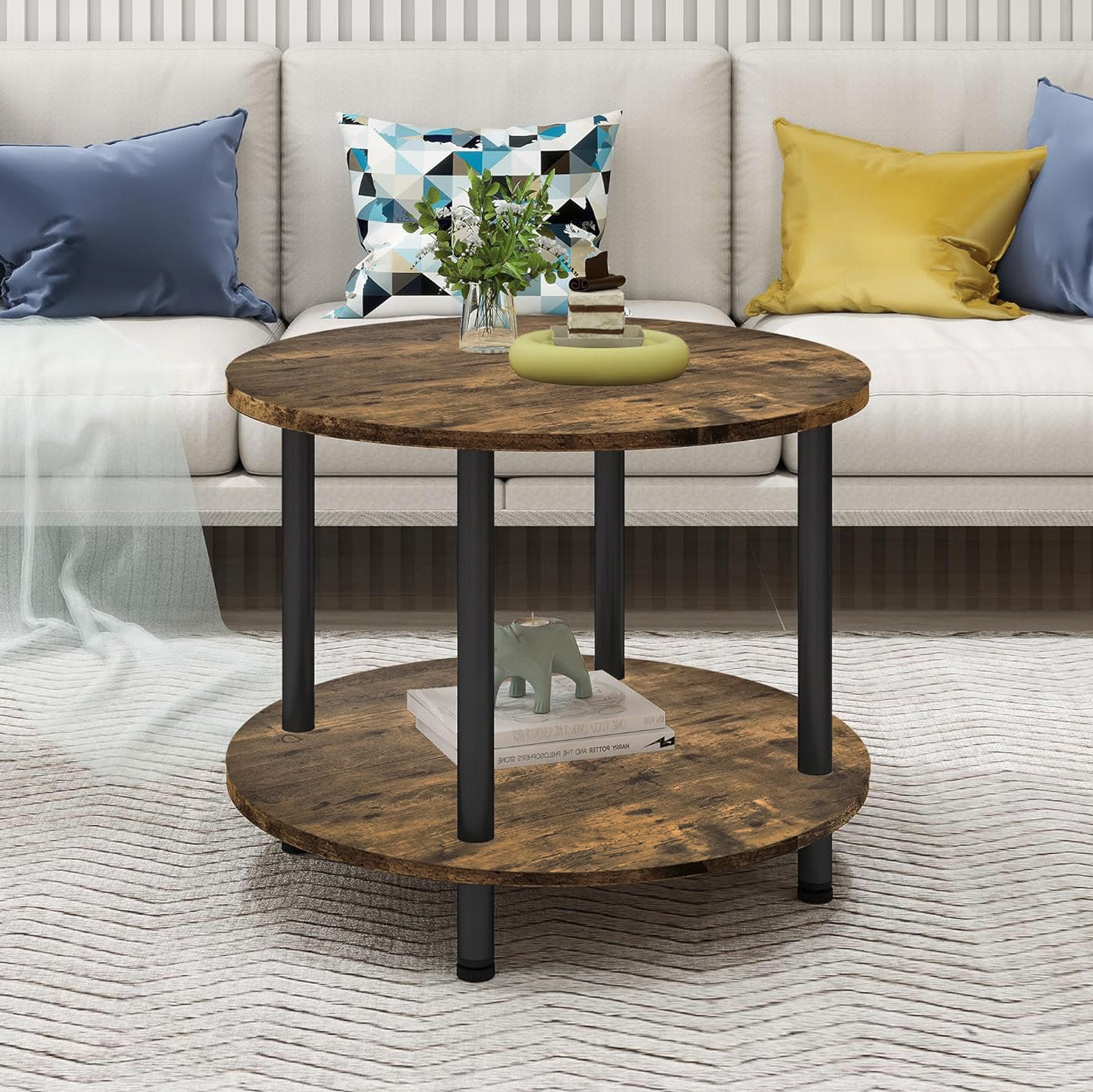 Rustic Wood & Metal Round Coffee Table with Storage Shelf Wood & Metal