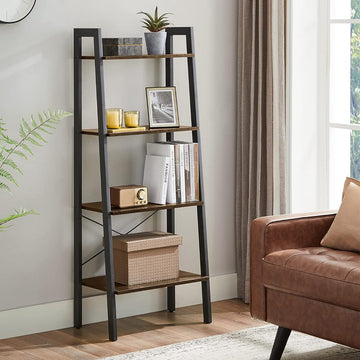 Rustic Ladder Shelf Four Tier Wood Metal Bookshelf Storage Display Unit