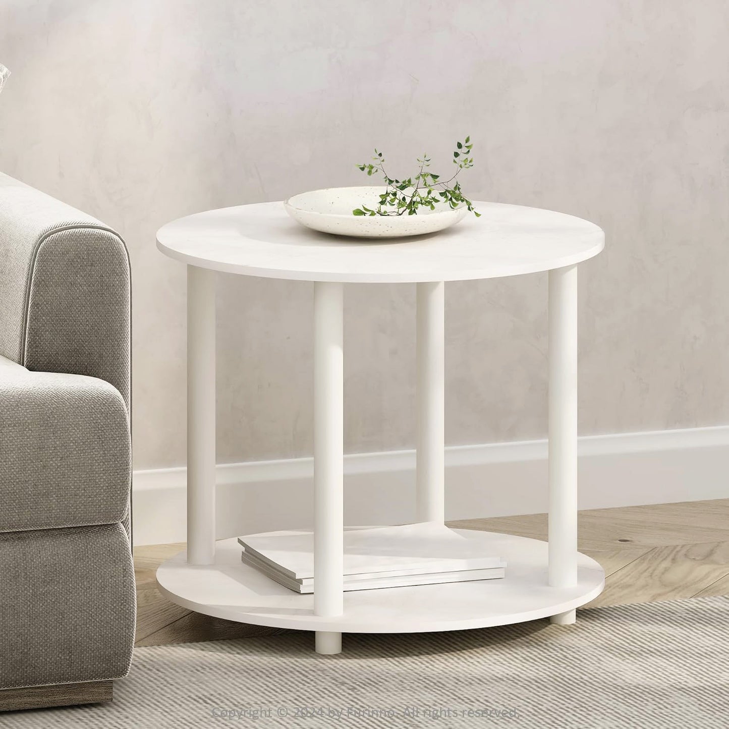 Minimalist Wood & Metal White Round Coffee Table with Storage Shelf