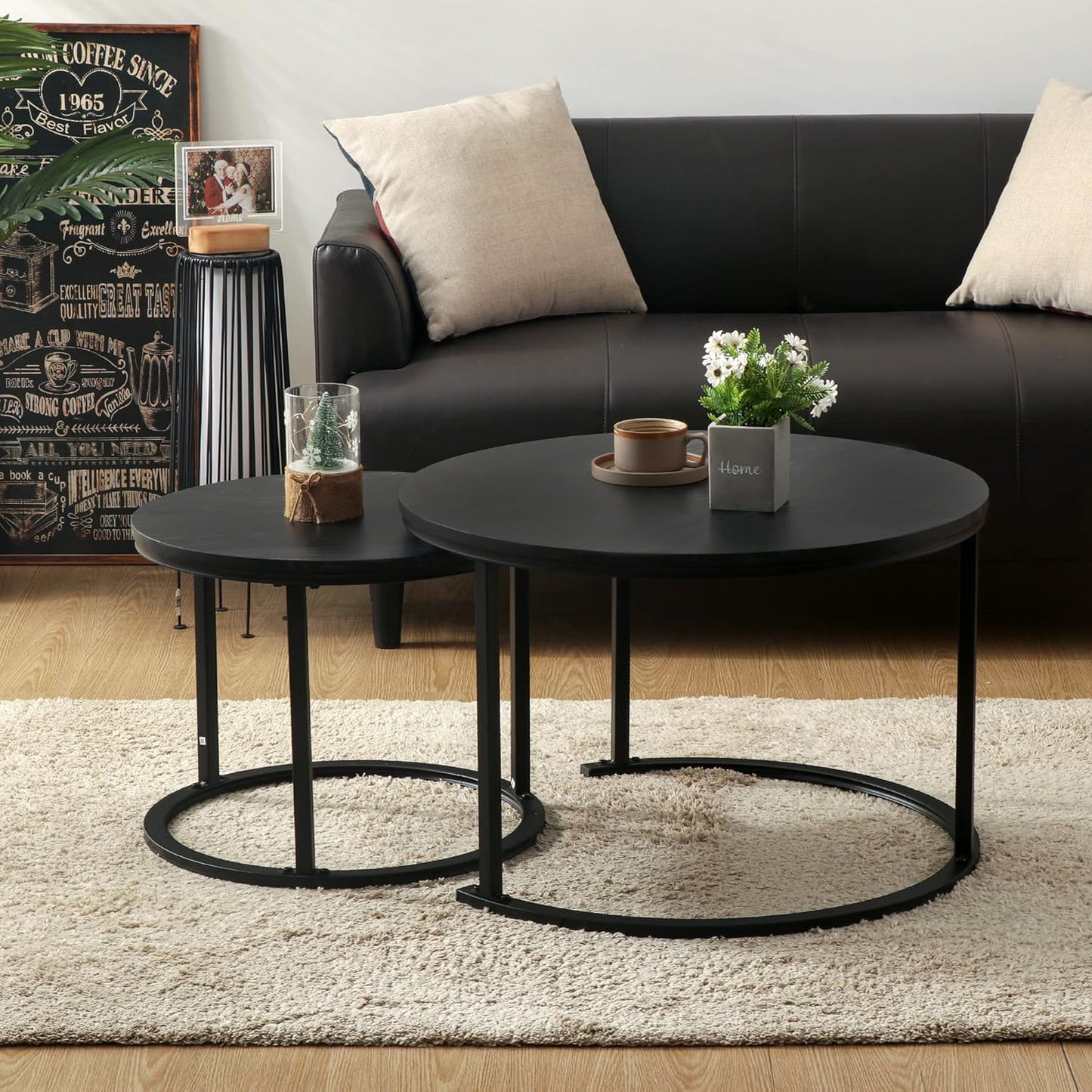 Stylish Black Nesting Coffee Tables Modern Living Room Furniture Set