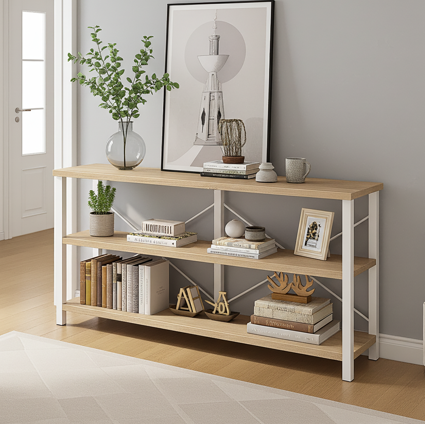 Industrial Console Table TV Stand Bookcase Storage Shelf Unit (Oak & White)