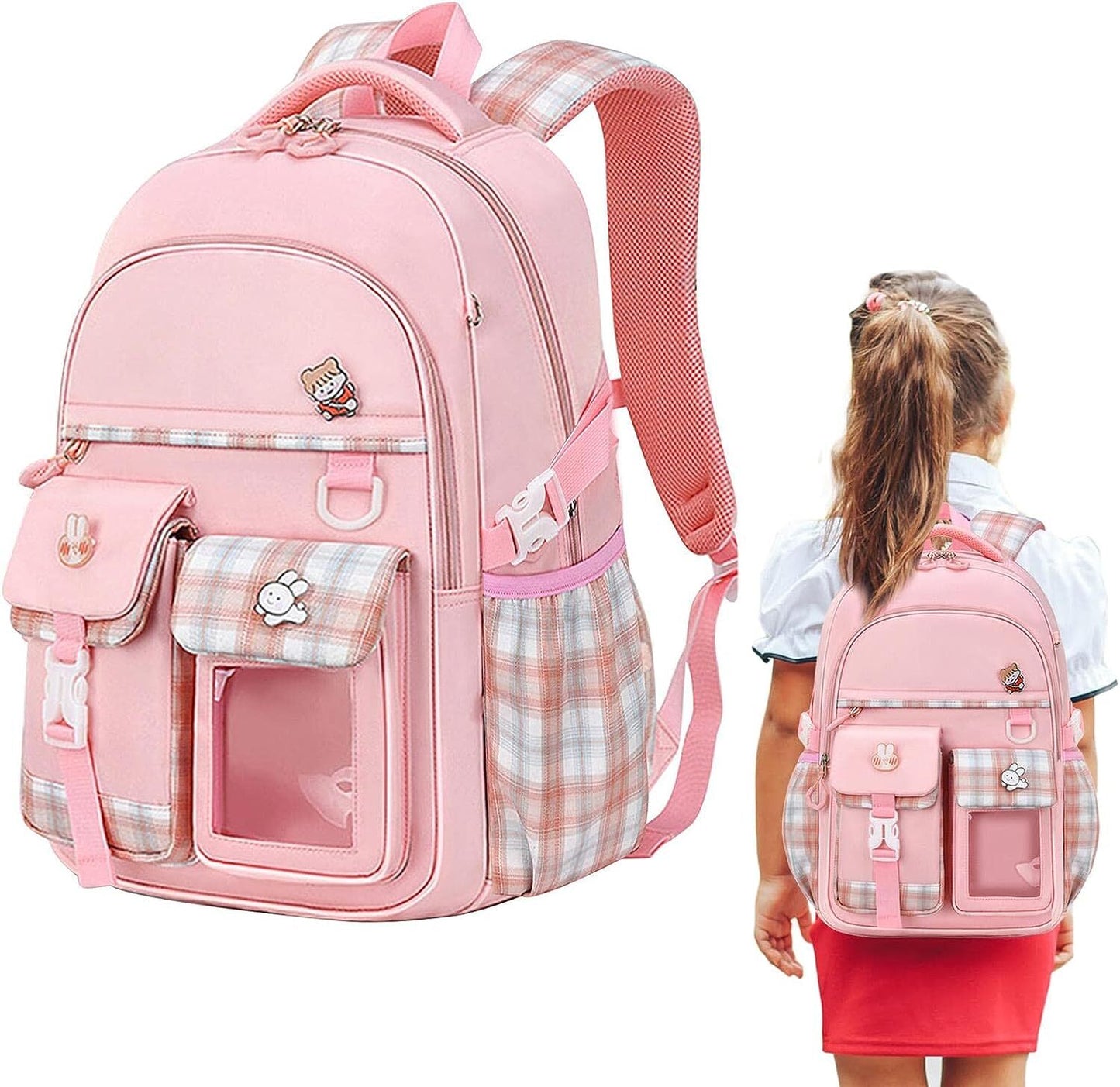 Large Deluxe Backpack Girl's Cute School Bag with Plushie and Accessories Pink