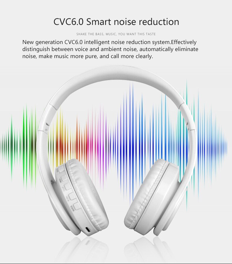 3D Stereo Noise Reduction Bluetooth Wireless Headphones White