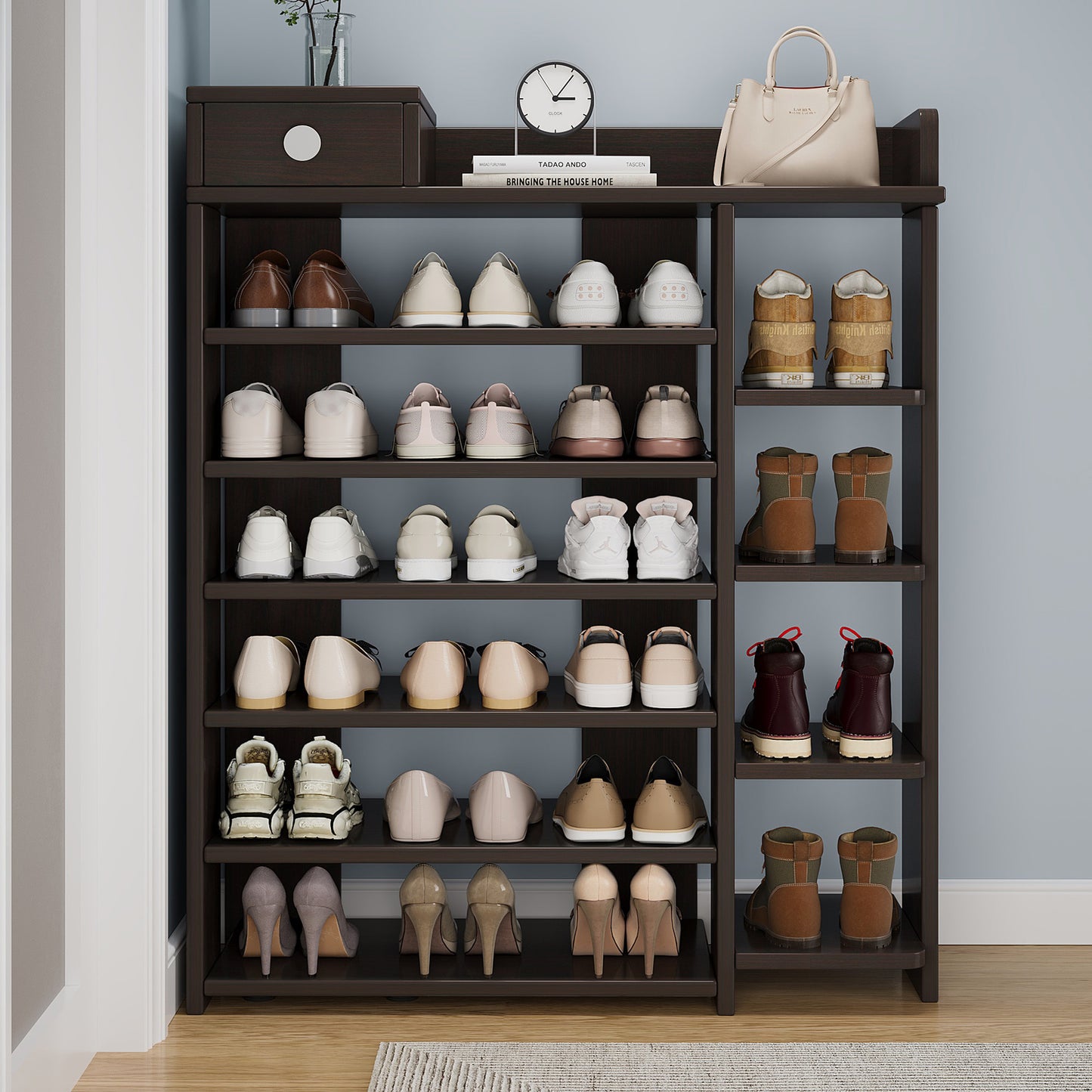 7 Tier Shoe Rack Storage Organizer with Drawer Dark Walnut