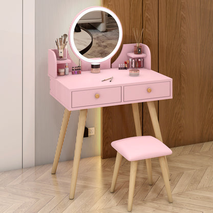 Princess Vanity Table with LED Mirror Stool and Storage Drawers Set Pink